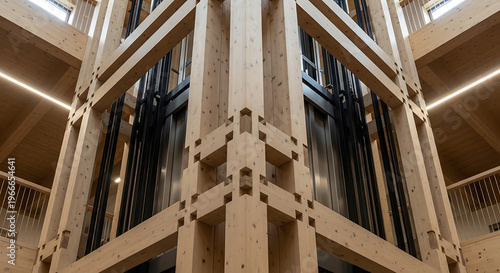 Expansive wooden beam architecture inside a modern building with sleek black elevator shaft