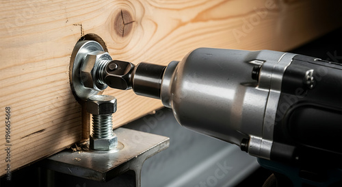 Close-up shot of a drill bit working on a wooden beam connected to a metal bracket