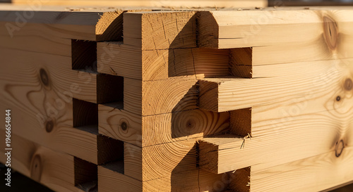 Close-up of interlocking wooden beams showcasing traditional joinery techniques for construction