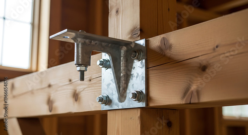 Metal bracket and bolts securing wooden beams in a construction site interior