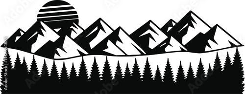 mountain sunrise geometric peaks evergreen forest silhouette