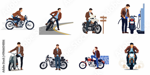Set of flat vector illustrations featuring a stylish man on various motorcycle travel adventures, including riding, fueling, and navigating with a map.
