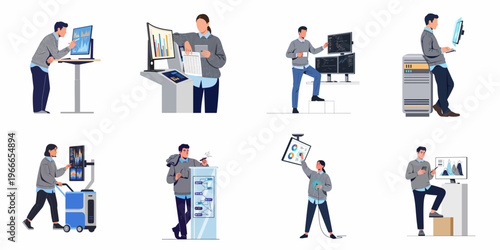 Set of professional people interacting with modern technology, data analysis tools, and digital displays in various office and lab settings.