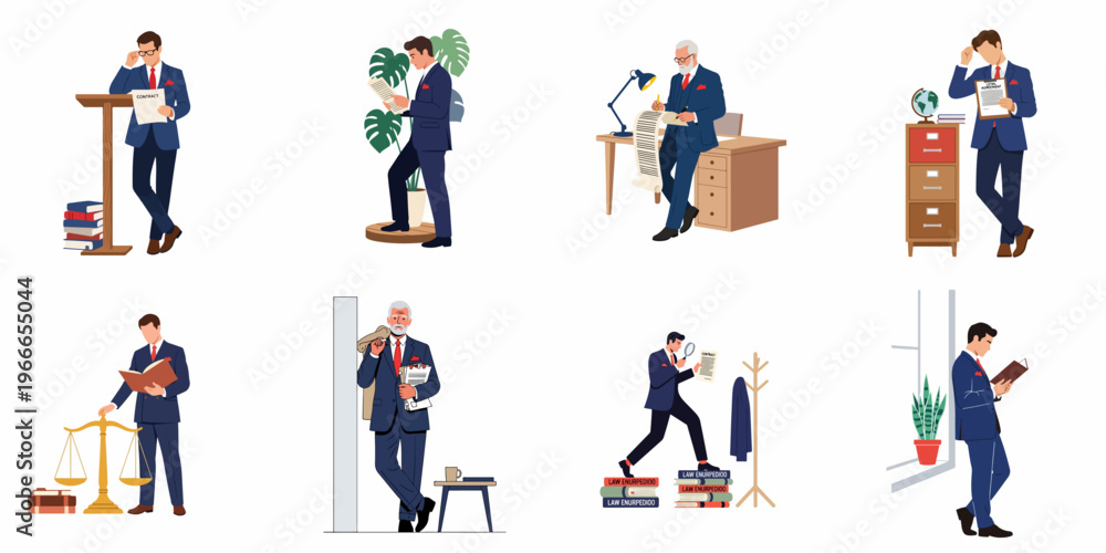 Fototapeta premium Set of professional lawyer and attorney characters in various office scenarios, reviewing contracts, signing documents, and upholding justice in a flat vector style.