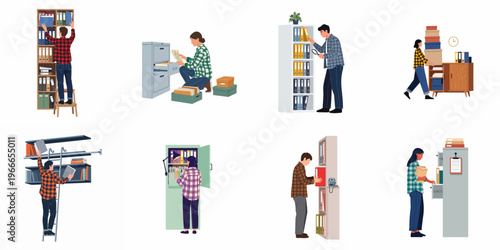 Set of diverse office workers organizing files, searching documents in cabinets and on shelves, flat vector illustrations of archive management and administrative tasks.