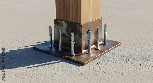 Wooden post anchored to concrete foundation with metal base and bolts