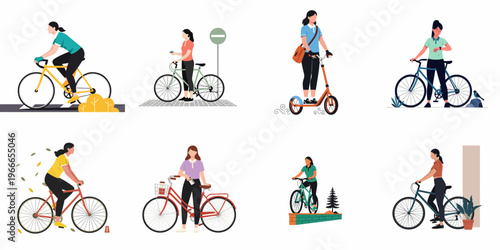 Set of flat vector illustrations showing women using bicycles and a kick scooter for urban commuting, fitness, and sustainable transportation.