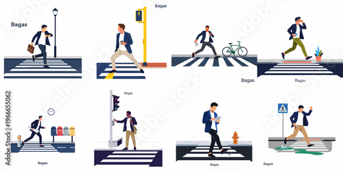 Flat illustration set of various men crossing the street at a pedestrian zebra crossing in a city environment