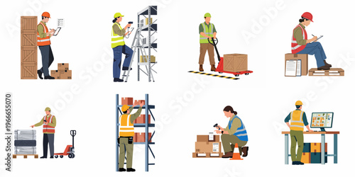 Set of flat vector illustrations depicting warehouse workers engaged in various logistics tasks like inventory management, scanning packages, and operating manual pallet jacks.