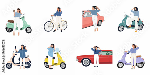 Collection of flat illustrations showing stylish young women in denim shirts and white pants posing with vintage scooters, cars, and a bicycle.