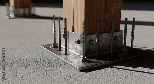 Close-up of a robust wooden post anchored to a concrete surface with a sturdy metal base plate and bolts, showcasing modern construction techniques for secure structural support