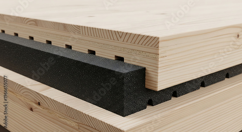 Close-up of stacked wooden planks with a black insulating foam layer providing thermal protection and soundproofing benefits