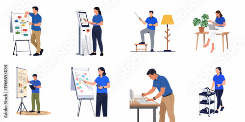 A collection of flat vector illustrations depicting professional office staff in blue uniforms performing various tasks like presentations, engineering, and digital work.