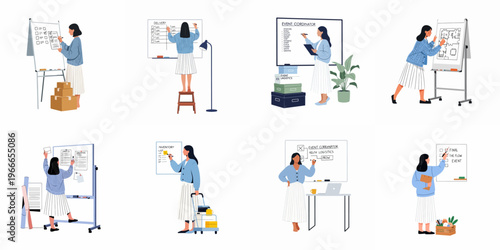 Set of illustrations depicting a female event coordinator managing logistics, inventory, and project planning tasks on various whiteboards and clipboards.