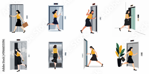 Set of flat illustrations of a businesswoman interacting with office elevators in various situations like rushing, entering, and waiting for the lift.