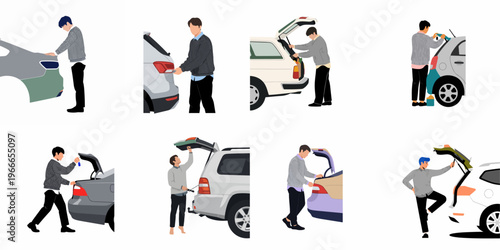 Flat vector illustrations of a man performing various activities with a car trunk, including opening, loading groceries, and closing the boot.