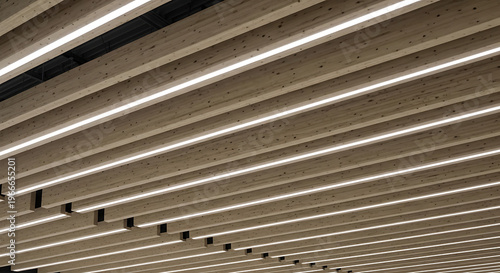 Modern wooden ceiling with integrated strip lighting creating a warm and inviting ambiance