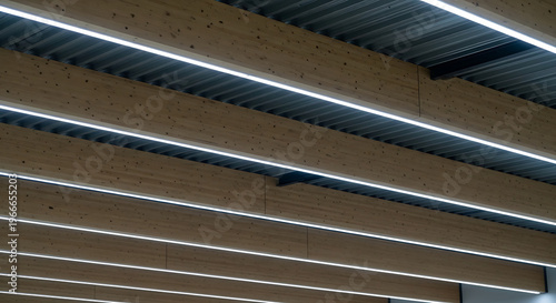 Modern wooden ceiling with integrated LED lighting, showcasing contemporary architectural design and warm ambiance