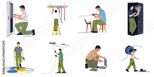 Set of illustrations showing professional network technicians installing, maintaining, and testing fiber optic and ethernet cables in data centers and offices.