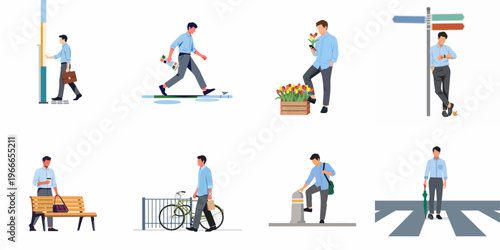 A collection of flat vector illustrations depicting a man in various everyday urban life scenarios, commuting, and walking through the city.