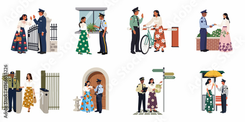 Set of flat illustrations featuring security guards and police officers interacting with women in various everyday urban and residential scenarios.