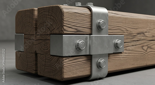 Close-up view of a sturdy wooden beam reinforced with metal brackets and bolts, highlighting construction and durability