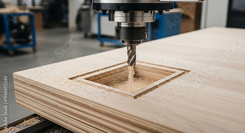 CNC machine carving a wooden surface, creating a precise rectangular recess with wood chips flying