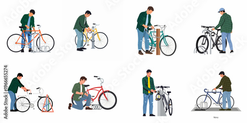 Set of illustrations showing a young man locking different types of bicycles at various public bike racks using multiple security locks.