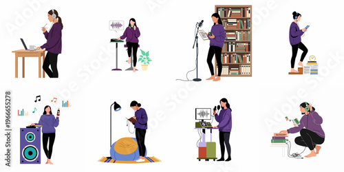 Flat vector illustrations of a woman in purple sweatshirt engaged in various audio-related activities like podcasting, recording, and listening to music.