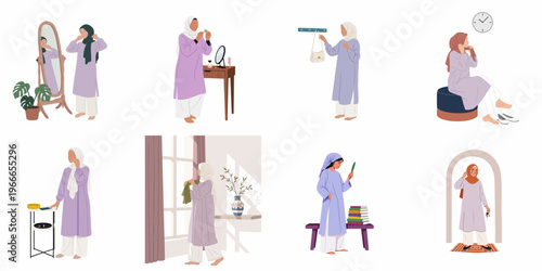 Flat design illustrations showing various scenes of a Muslim woman's daily morning routine, including dressing up, applying makeup, and preparing to leave home.