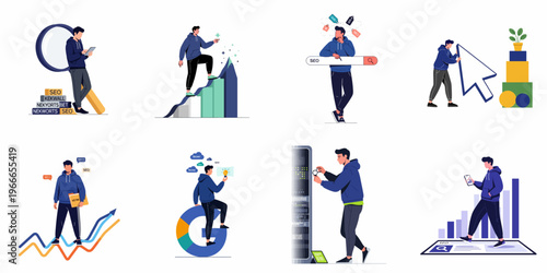 Collection of search engine optimization (SEO) illustrations showing a man working on keywords, data analysis, ranking, and website optimization.