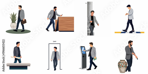Collection of flat vector illustrations depicting a professional man in various urban and office-related activities and daily life settings.