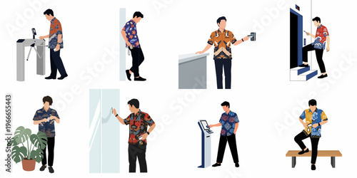 Set of illustrations showing a man in batik shirts using smart cards and technology in modern daily life scenarios, from payment to access control.