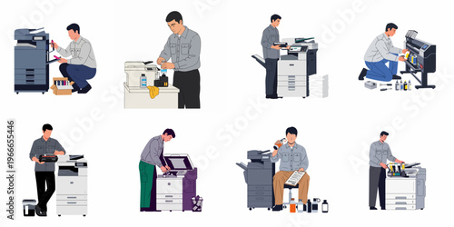 Illustrations of professional technicians performing maintenance, refilling toner, and repairing various office printers and photocopiers, isolated on a white background.