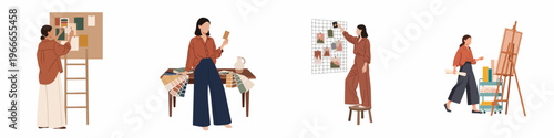 Set of flat vector illustrations featuring creative women working on design projects, mood boards, color palettes, and painting in a modern studio.