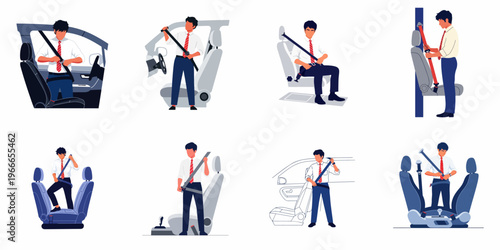 Set of Illustrations Showing a Businessman Fastening and Using a Seat Belt in Various Car Seat Configurations for Vehicle Safety.