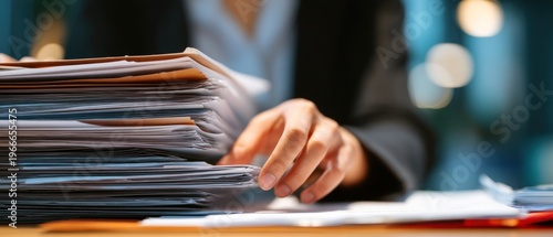 Person examining documents on a desk with papers office work concept