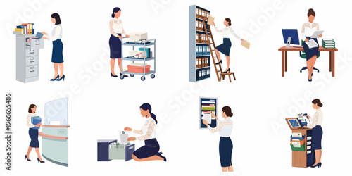 Flat vector illustrations of a businesswoman managing documents, filing, and performing various administrative tasks in an office setting.