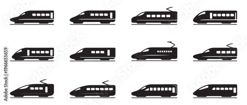 Various high speed train silhouettes with electric pantographs and streamlined noses for rapid transit design