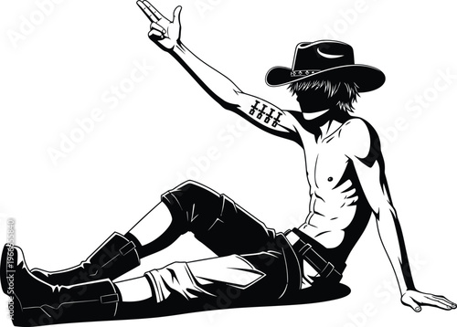 Black and white illustration of a shirtless man in a cowboy hat sitting on the ground