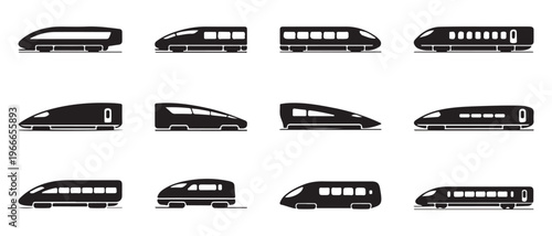 Different styles of futuristic high speed train silhouettes showing various window designs and long nose shapes