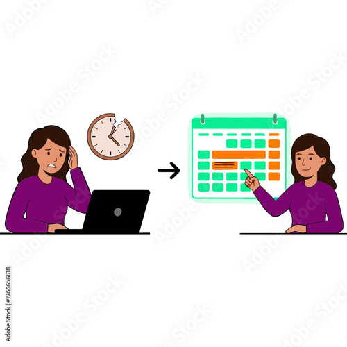 Two women plan schedule on calendar and laptop at office desks