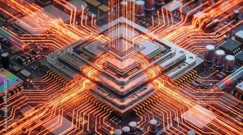 An intensely glowing central processing unit sits at the heart of a sophisticated circuit board, with intricate orange light trails connecting various components, symbolizing powerful data flow.