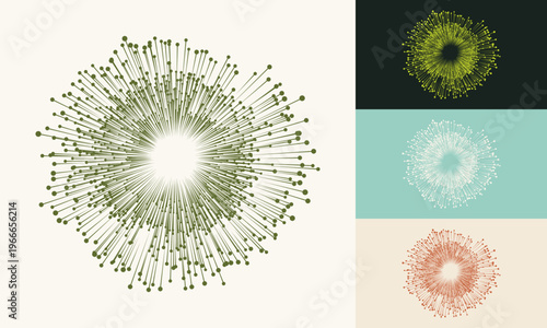 Dandelion-shaped radial burst of dot-tipped lines in olive, lime, white and terracotta color variants on natural backgrounds. Minimalist organic vector icon for ecology, science and branding concepts.