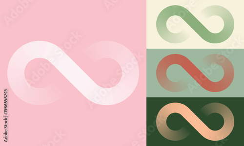 Volumetric infinity symbol with soft gradient in pink, sage green, terracotta and peach color variants on natural backgrounds. Vector icon for wellness, eternity, balance and feminine branding design.