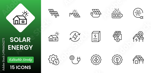 Solar Energy icon set. Green energy icon set. Collection of renewable energy, ecology and green electricity icons. Vector illustration.