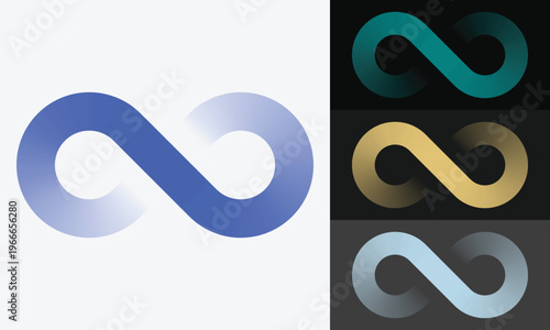 Volumetric glossy infinity symbol in blue, teal, golden and light blue gradient variants on light and dark backgrounds. Premium vector icon for technology, AI, corporate branding and business design.
