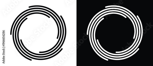 Two variants of concentric segmented circle with rotation gaps displayed on white and black backgrounds. Minimalist vector icon for speed, technology, branding and modern UI design concepts.