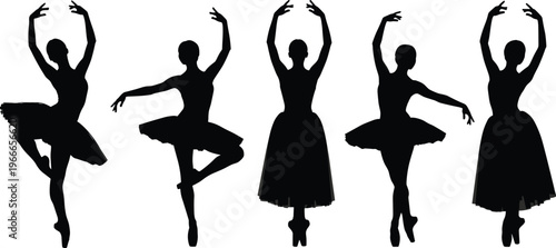 Ballet dancer silhouettes collection with graceful poses, classical dance performance concept, black vector illustration set isolated on clean background