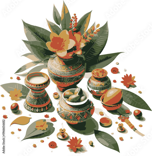 Festive Indian cultural offerings with decorative items including pots, flowers, and leaves in a vibrant arrangement for traditional celebrations